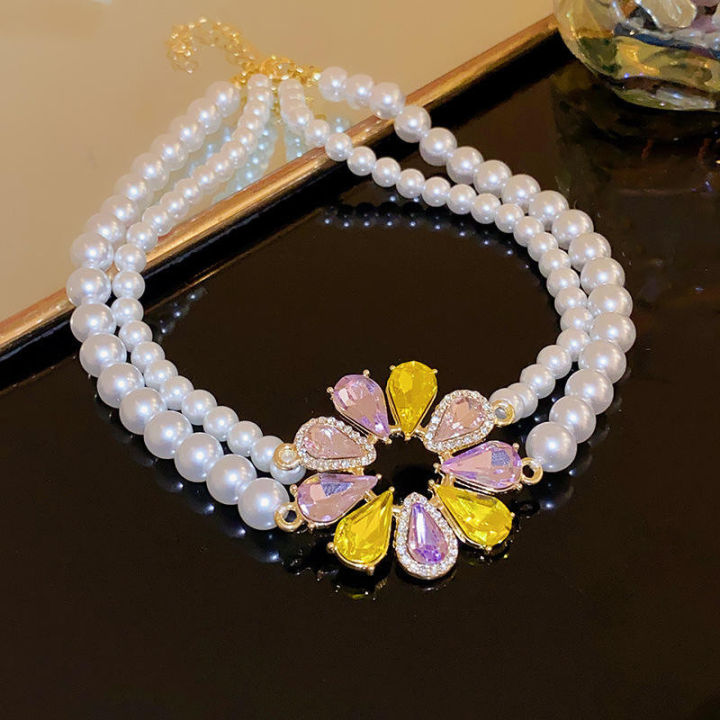 Diamond Drop Flower Pearl Necklace