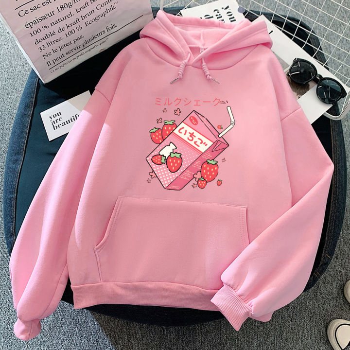 Strawberry Milk Hoodie Women/Men Harajuku Aesthetic Clothing Autumn Winter Kawaii Graphic Hoodies Girls Cute Printed Sweatshirts