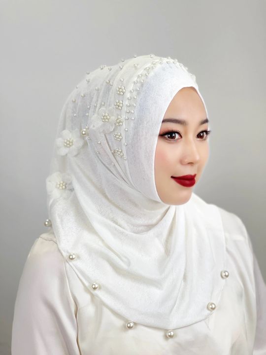 Muslim%20Beaded%20Hijab%20Adult%20Solid%20Color%20Hat%20Soft%20Hat%20with%20Flowers%20Female%20Hijab%20Shawl%20Wrap%20Buni%20Amira%20Style%20Arab%20Hijab%20Turkey%20-%20Image%204