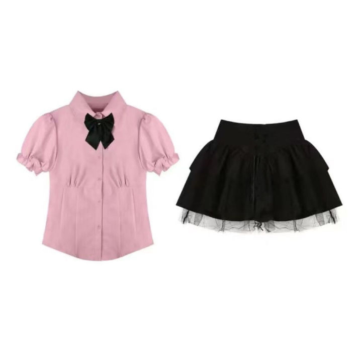 College%20Style%20Japanese%20SuitJKUniform%20Women's%20Waist-Tight%20Slimming%20Puff%20Sleeve%20Shirt%20Top%20High%20Waist%20Bubble%20Cake%20Dress%20-%20Image%207