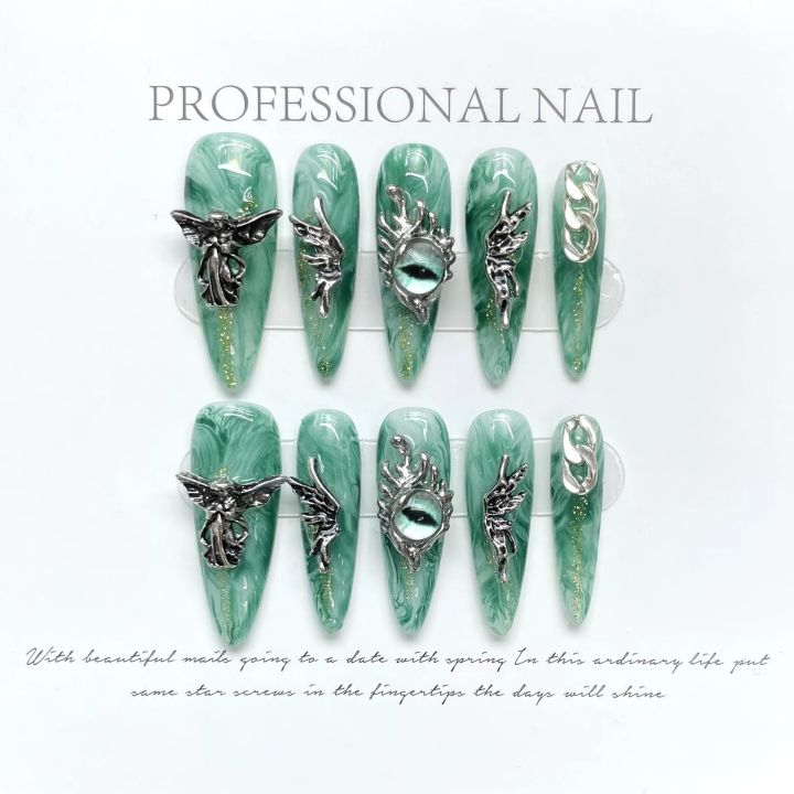 Angel Wings Punk Y2K Handmade Nails Professional Wearable Advanced Press On Nails Designed Almond Pointed Nail Art With Glue