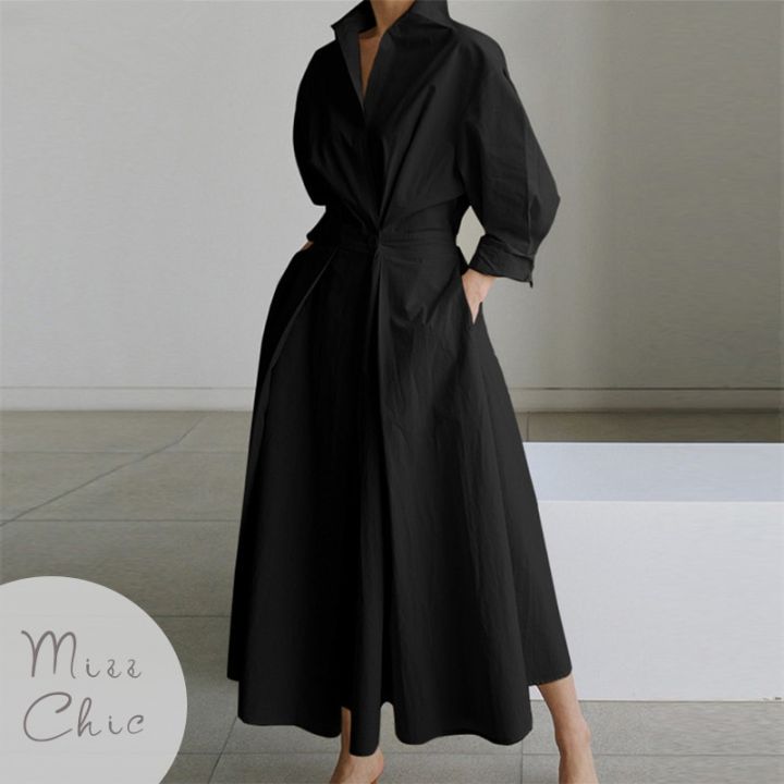 S-5XL%20Korean%20Fashion%20Long%20Sleeve%20Shirt%20Dress%20Chic%20Turndown%20Neck%20Ruched%20Maxi%20Dress%20Women%202022%20Autumn%20Winter%20Clothes%20Streetwear%20-%20Image%203