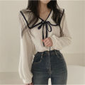 【Exclusive Limited Edition】 Spring and Summer 2023 New Doll Collar Lace-up Lantern Sleeve Shirt Women's Inner and Outer Wear Solid Color Shirt. 