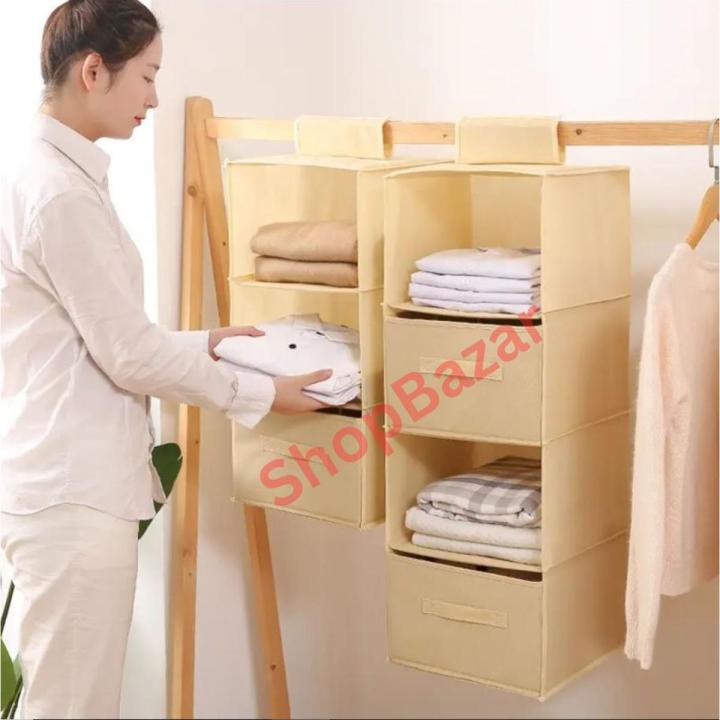 3 Layer Cloth Storage Organizer With 1 Drawer, 3 Layer Hanging Cloth Organizer With 1 Drawer, Hanging Closet Organizer