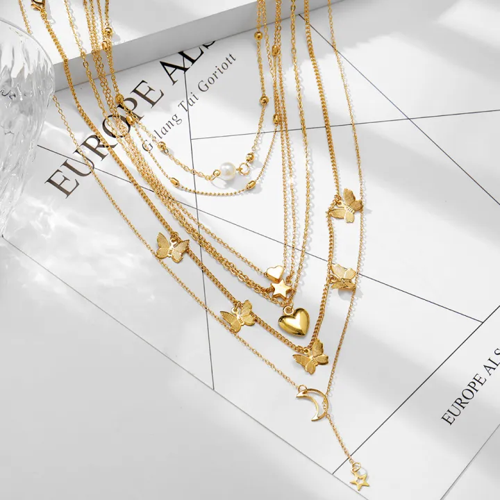 6%20Pcs/set%20Pendant%20%20Necklace%20Creative%20Personality%20Multi-layer%20erflies%20Moon%20Peach%20Heart-shaped%20Pendant%20color:old%20-%20Image%205