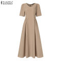 ZANZEA Korean Style Women Fashion Round Neck A-Line Dresses Holiday Party Club Solid Dress #10. 
