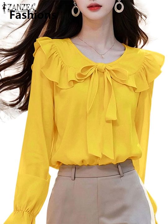 Fashions%202025%20ZANZEA%20Peter%20Pan%20Collar%20Long%20Sleeve%20Blouses%20Korean%20Style%20Women%20Elegant%20Solid%20Smock%20Tops%20Sweet%20Long%20Sleeve%20Tie%20Up%20Blusas%20Mujer%20-%20Image%204