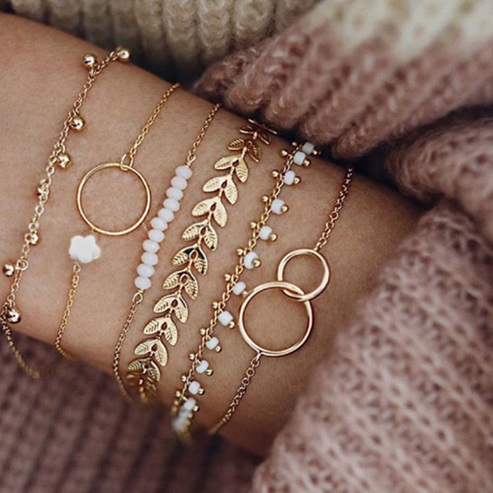 6pcs/sets Bohemian Beaded Bracelets for Women Pretty Flowers Leaf Hollow Out Geometry Adjuatble Tassel Jewelry 9143