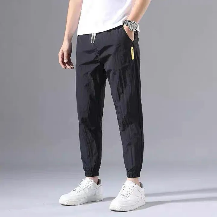New%20Mens%20Trousers%20Summer%20Ice%20Silk%20Thin%20Green%20Color%20Fashion%20Elastic%20Waist%20Nine%20Points%20Length%20Pants%20Men%20Casual%20Sports%20Joggers%20Pant%20-%20Image%203