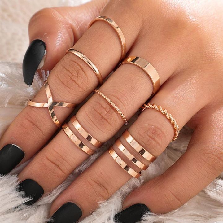 Women Twist Pearl Pearl Rings Set Fashion Geometric Hollow Crystal Ring For Women Heart Joint Rings