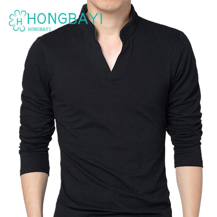 Men T-shirt Solid Color Long Sleeve V Neck Slim Pullover Top for