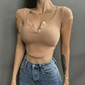 Xpqbb High Street Y2K Cropped T-Shirt Women Skinny V-Neck Basic Crop Tops Female Summer Slim Fit White Short Sleeve Tees. 
