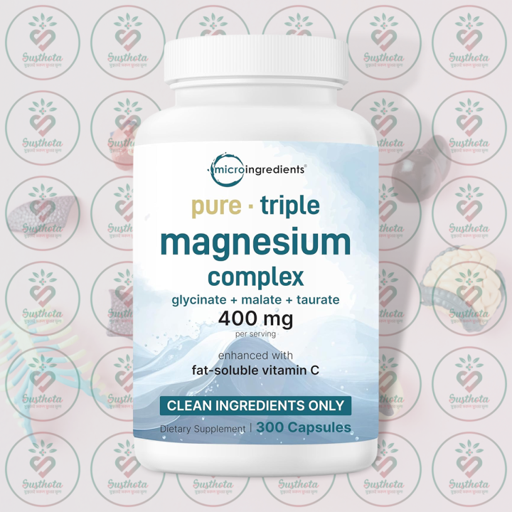 Micro Ingredients Triple Magnesium Complex – 400 mg – 300 Capsules – with Glycinate, Malate, Taurate & Vitamin C – for Muscle Function, Sleep & Relaxation Support