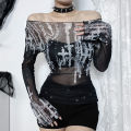 【Best value for money】 Goth Lace Mesh See Through Long Sleeve T-Shirts Y2K Pearl Print Off Shoulder Slim Tops Women Summer New Fashion Tees.