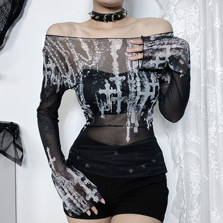 %E3%80%90Best%20value%20for%20money%E3%80%91%20Goth%20Lace%20Mesh%20See%20Through%20Long%20Sleeve%20T-Shirts%20Y2K%20Pearl%20Print%20Off%20Shoulder%20Slim%20Tops%20Women%20Summer%20New%20Fashion%20Tees%20-%20Image%202