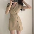Women's Korean-Style Elegant Suit Collar Slim-Fit Sheath Dress. 