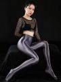 Shiny Open Crotch Tight Pencil Pants Hollow Out Yoga Leggings Sheer See Through Oil Glossy Elastic Shaping Pants Candy Color. 
