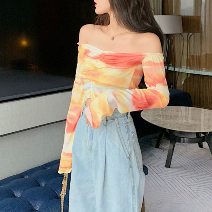 Women%20Casual%20Long%20Sleeve%20T-shirt%20Fashion%20Tie-dye%20Printed%20Boat%20Neck%20Exposed%20Navel%20Tops%20-%20Image%208