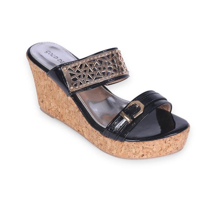 Brown and Black Pu Leather Wedges For Women