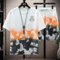 Multicolor Gradint T-shirt and 2 Quarter Pants for Man Orenge Color. 