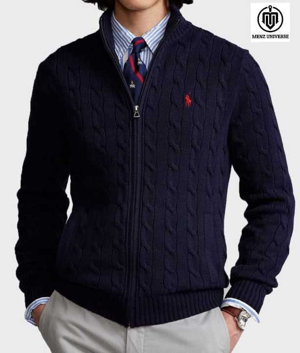 Ralph Lauren Cable-Knit Cotton Full Zipper Sweater โ Navy Blue
