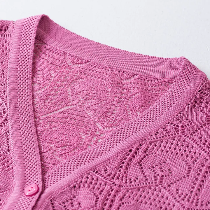 Middle-Aged%20and%20Elderly%20Women's%20Clothing%20Spring,%20Autumn%20and%20Summer%20Wear%20Mother's%20Clothing%20Thin%20Mesh%20Shirt%20Hollow%20outVCollar%20Sweater%20Blouse%20Sweater%20Coat%20Cardigan%20-%20Image%203