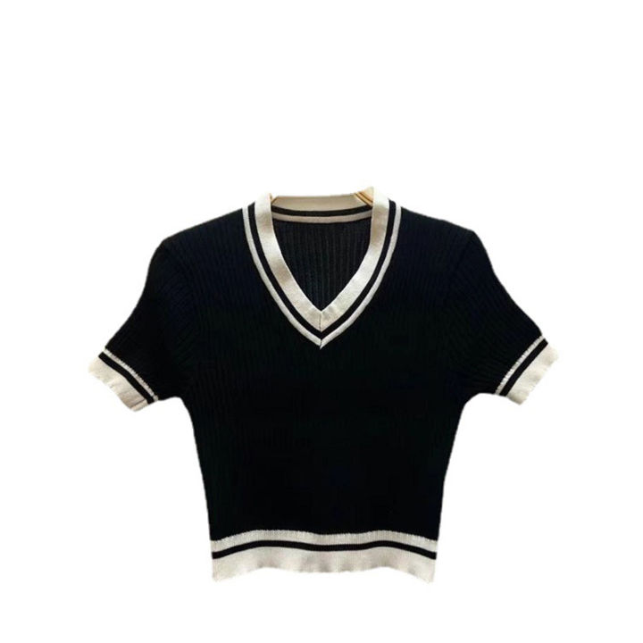 Women%20Cropped%20T%20Shirt%20Retro%20Knitted%20V-neck%20Pullover%20Tops%20Short-sleeved%20High-waisted%20Slim%20Fit%20Shirt%20-%20Image%205