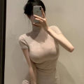 Sexy Hot Girl Skinny Slimming Big Chest Temperament Wild Turtleneck Short Sleeve T T-shirt Top Women's Clothing.