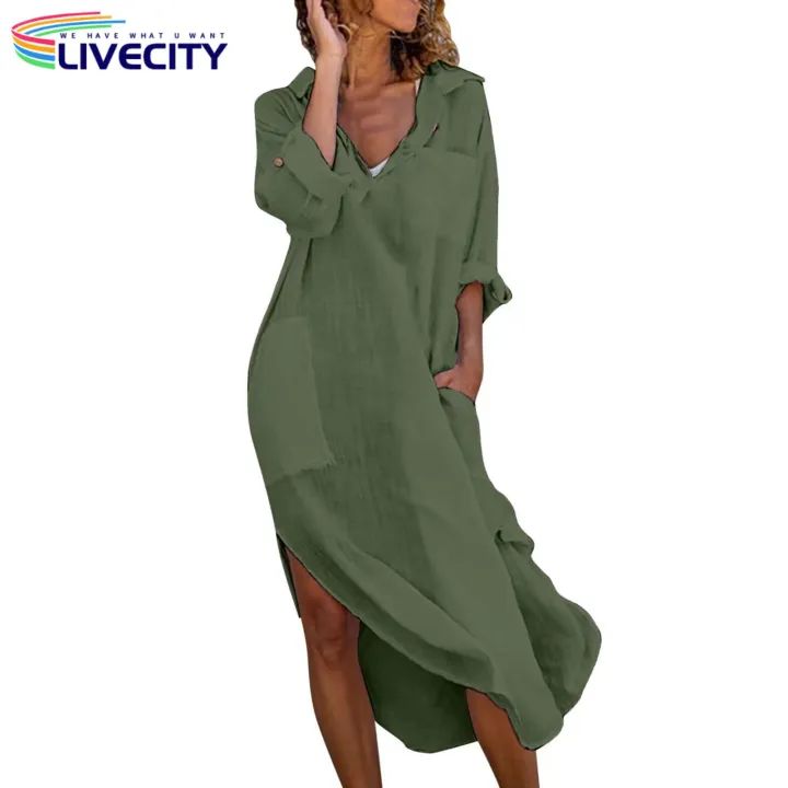Women%20Midi%20Dress%20Summer%20V-neck%20Shirt%20Dress%20with%20Pockets%20Side%20Split%20Perfect%20for%20Beach%20Holidays%20less%20Than%20Women%20Side%20Slit%20Hem%20Dress%20-%20Image%209