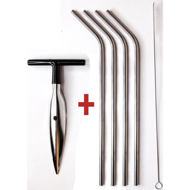 CocoMon Coconut Opener Tool + Stainless Straw for Fresh GREEN Young Fruit Black Rubber Handle EZ Easy Grip SAFE with Stainless Steel Drinking Straws (1 CocoMon + 4 Straw)