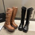 miu*Model Style Belt Buckle Chunky Heel Martin Boots Women's Spring/Summer Leather Retro below the Knee Boots Western Boots. 
