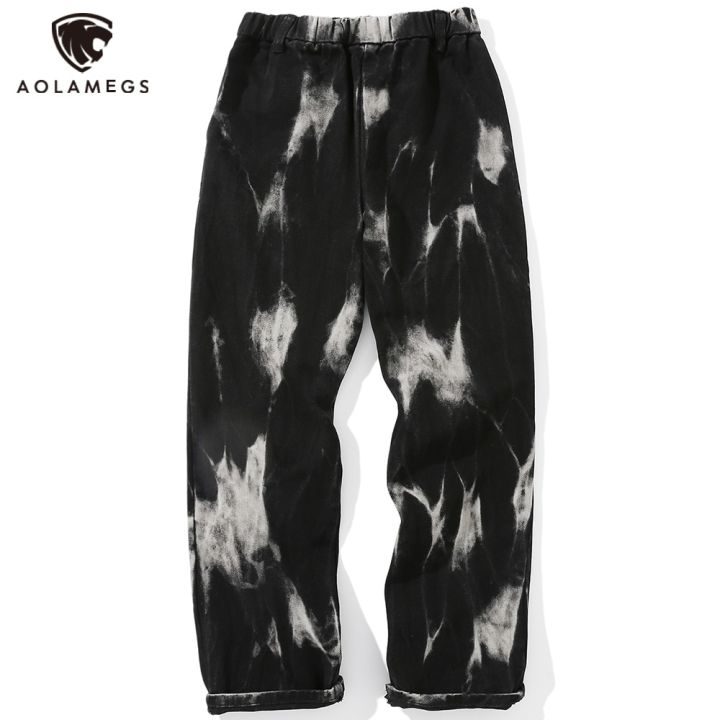 Aolamegs Jeans Men Tie Dye Print Diablo Style Denim Pants Baggy Elastic Waist Straight Trousers High Street Punk Cool Streetwear
