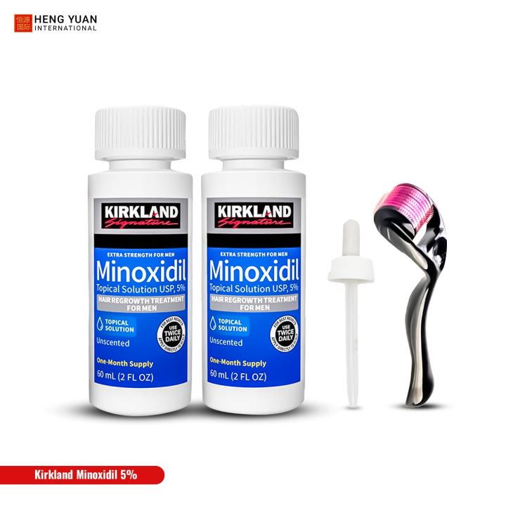 Kirkland Minoxidil 5% Topical Solution Extra Strength Hair Regrowth Treatment for Men Hair & Beard Drop + Derma Roller Free - (2 month supply) - MNXM2C