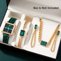 Ladies Fashion 5pcs Square Dial Wristwatch Set Women's PU Leather Strap Watch and Matching Jewelry Girl Waterproof and Durable Watches.