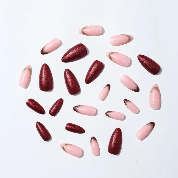 24pcs%20Glitter%20Red%20False%20Nails%20Gold%20Sequins%20Full%20Cover%20Almond%20Nails%20Manicure%20Set%20French%20Acrylic%20Nails%20Tips%20for%20Girl%20Women%20-%20Image%203