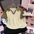 Sweet and Spicy Drawstring Contrast Color Short Sleeve polo Collar T T-shirt Women's Summer Loose Slimming Chic Half Sleeve Top. 