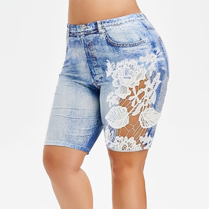 Yoga%20Shorts%20Women%20High%20Waist%20Plus%20Size%20Faux%20Denim%20Leggings%20Short%20Summer%20Lace%20Slim%20Fit%20Knee%20Length%20Workout%20Elastic%20Shorts%20-%20Image%203