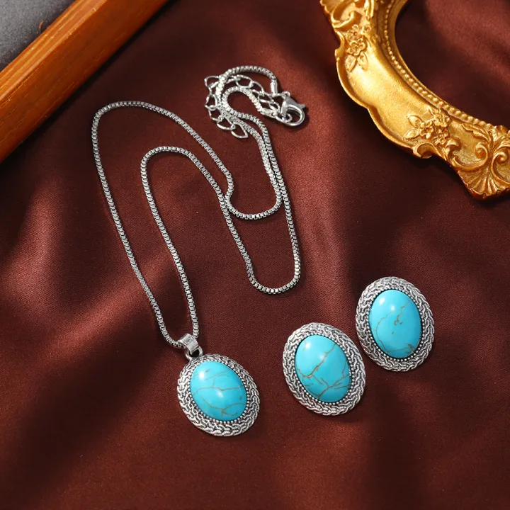 Wholesale%20Ethnic%20Style%20Vintage%20Silver%20Indian%20Bohemian%20Statement%20Turquoise%20Bridal%20Necklace%20With%20Earrings%20Jewelry%20Set%20For%20Women%20-%20Image%204