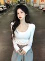 Simple White Shoulder U Collar Threaded Long Sleeve T T-shirt Women's Outer Wear Inner Wear Hot Girl Top Short All-Match Bottoming Shirt.