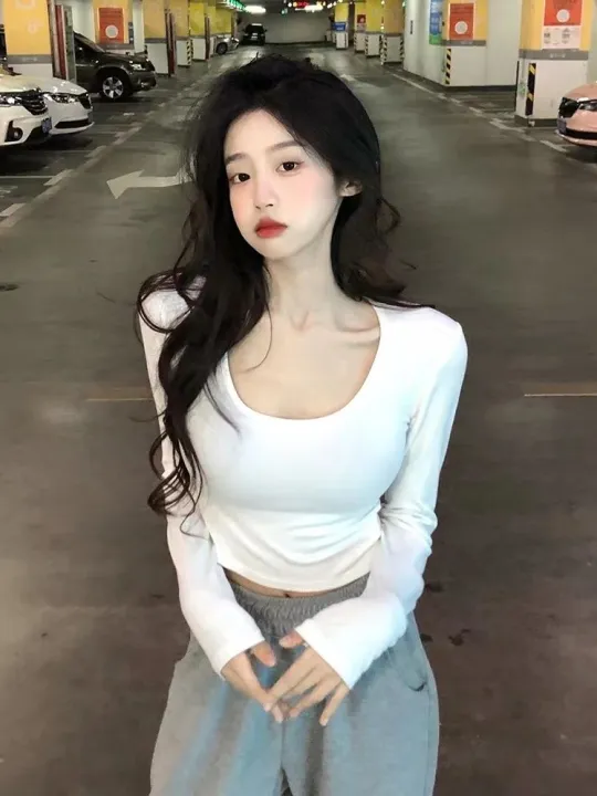 Simple%20White%20Shoulder%20U%20Collar%20Threaded%20Long%20Sleeve%20T%20T-shirt%20Women's%20Outer%20Wear%20Inner%20Wear%20Hot%20Girl%20Top%20Short%20All-Match%20Bottoming%20Shirt%20-%20Image%203