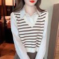 Vest Vest Autumn Women's New Design Sense Niche Wear Knitted Striped Loose V Collar Fake Two Pieces Shirts. 