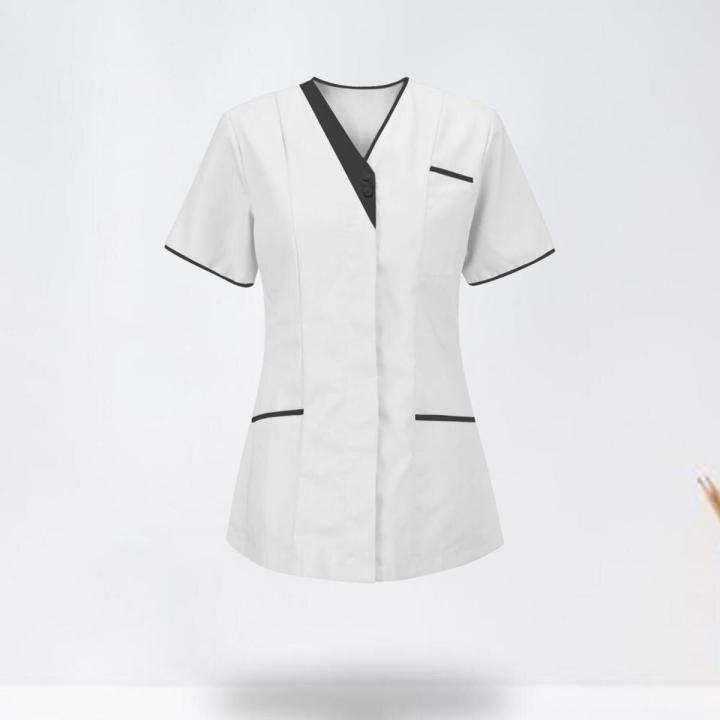 60%HOT Healthcare Nurse Robe Nurse Clothing T-Shirt V Neck Pocket Short Sleeve Button Nursing Staff Uniform Clothing Beauty Salo