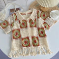 【Factory-direct】 Granny Square Crochet Top Short Sleeve Collared Button Down Open Knit Crop Cardigan for Women Teengirl Boho Vintage Outfit. 