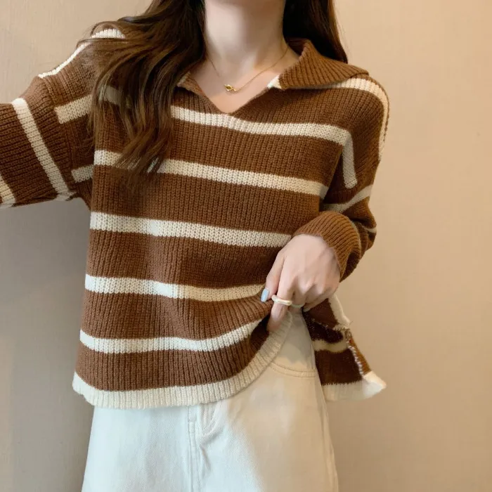 Spring%20and%20Autumn%20New%20Casual%20All-Match%20Sweater%20Women's%20Retro%20Short%20Striped%20Sweater%20polo%20Collar%20Outer%20Wear%20Long-Sleeved%20Sweater%20-%20Image%208