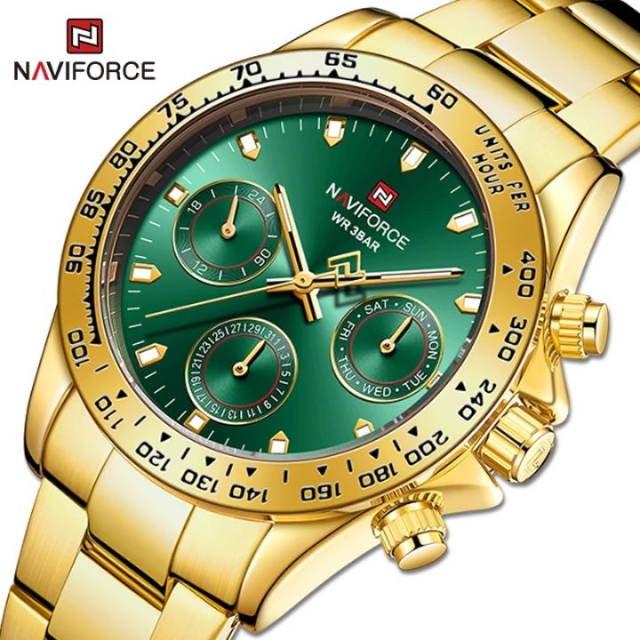 NAVIFORCE NF9193 New Luxury Men Watch Gold Green Fashion Business Stainless Steel Quartz Multifunction Comes With A 24 Hour Men Watches-Golden & Green