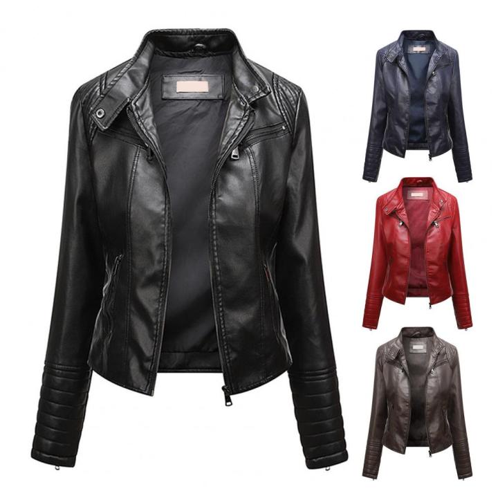 Women Faux Leather Jacket Stylish Women's Slim Fit Faux Leather Jacket with Stand Collar Long Sleeves Zipper Placket for Thin