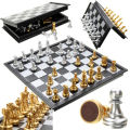 Chess Game Silver Gold Pieces Folding Magnetic Foldable Board Contemporary Set Fun Family Board Games Gifts. 