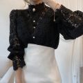 Chic Button Hollow Out Flower Lace Patchwork Shirt Stand Collar All-match Femme Blusas Petal Sleeve Women Blouses 12419.