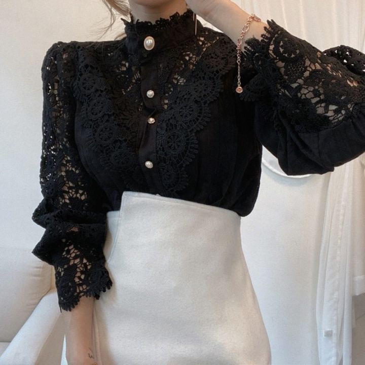 Chic%20Button%20Hollow%20Out%20Flower%20Lace%20Patchwork%20Shirt%20Stand%20Collar%20All-match%20Femme%20Blusas%20Petal%20Sleeve%20Women%20Blouses%2012419%20-%20Image%205