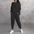 Women Set Long-sleeved Sweatshirt Harem Pants Two-piece Suit Casual Solid Color Pocket Trousers Outfit. 
